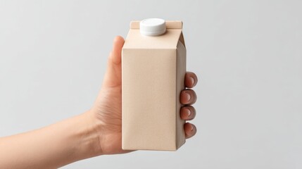 Hand Holding Plain Milk Carton Against Neutral Background in Minimalist Style for Creative and Commercial Use