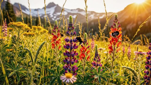 Scenic Summer Meadow with Colorful Wildflowers and Buzzing Bees Under Golden Sunlight in the Mountains