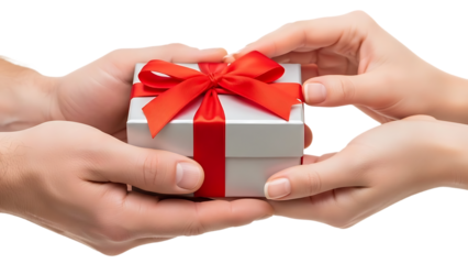Hands Exchanging Gift Box with Red Ribbon Isolated on transparent background