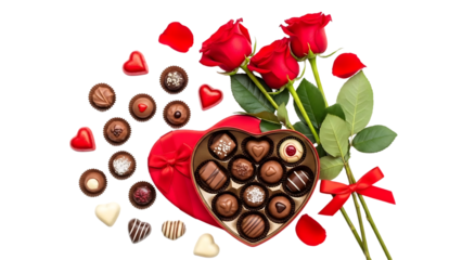 Heart Chocolate Gift Box with Red Roses Isolated on transparent background