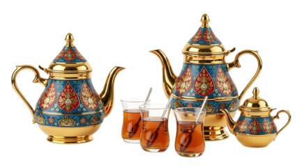 Ornate Arabic Tea Set with Glasses Isolated on transparent background