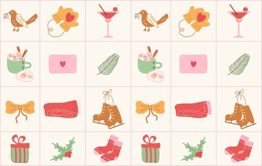 Winter cute seamless pattern. Modern mosaic background with hand-drawn holiday elements, glasses, socks, clothes, glass, gift, skates, heart, letter. trend art illustration