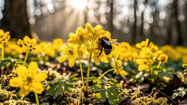 Bumblebee flitting around vibrant yellow flowers in a sunlit spring forest, nature's beauty and pollination