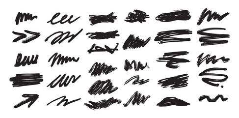 Fototapeta premium Black abstract brushstrokes, lines, squiggles and swirls set. Vector hand drawn illustration for decorations and various designs.