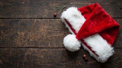 Red Santa hat on rustic wooden background with festive Christmas decoration and copy space
