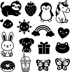 Cute Kawaii Doodles Black and White Silhouette Vector Set