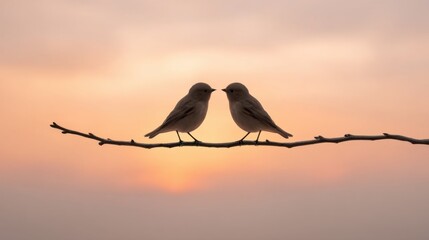 Silhouette of Two Birds Touching Beaks on a Branch at Sunset, Symbolizing Love and Connection in Nature's Serene Beauty