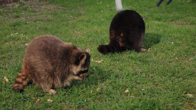 Animal behavior, Raccoon family, Raccoon foraging. Two raccoons are spotted together as they forage on green grass.