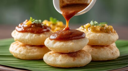 Assorted Puri Drizzled with Tangy Sauces Served on a Leafy Plate, a Delicious Moment Captured in Vibrant Colors and Rich Textures