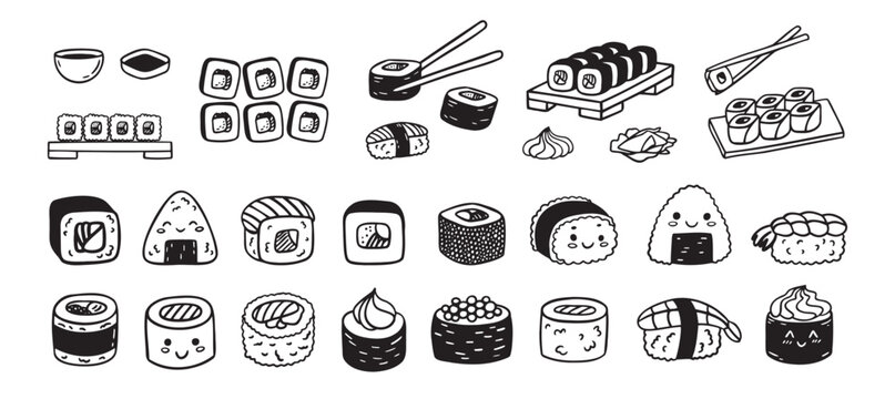 Sushi funny doodle set. Japanese hand drawn Food Sketch Icons. Kawaii drawing