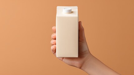 Hand Holding a Milk Carton Against a Simple Orange Background, Portraying Dairy Product Concept with Uncluttered Aesthetic