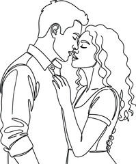 Minimalist line art illustration of romantic couple about to kiss, intimate love moment, emotional connection, elegant continuous outline vector design