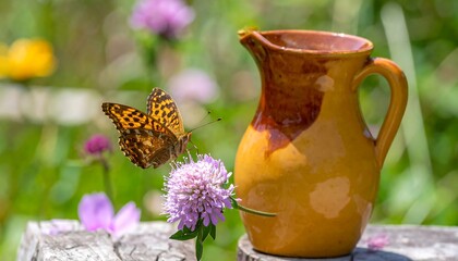 Butterfly on Clover with Pitcher in a Sunny Garden.
