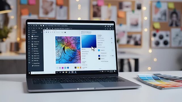 Modern laptop computer on a white desk with workspace setup showcasing digital design software and creative workflow for online business and remote work