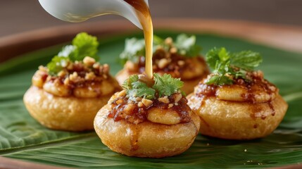 Delightful Stuffed Puris with Sauce Poured on Banana Leaf, Showcasing Flavorful Indian Snack Presentation