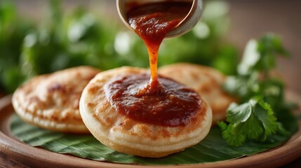 Sauce Being Poured Over Stuffed Puris on a Banana Leaf Surrounded by Fresh Herbs and a Warm Ambiance
