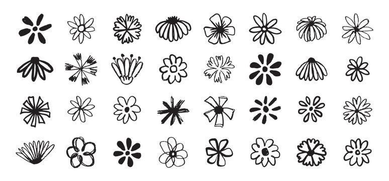 Flowers grunge brush doodle blossom icons set. Flowers Scribble ink hand drawn brush. Chamomile flowers markers crayons icons 