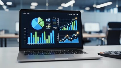 Modern laptop displaying complex financial data charts and graphs on a desk in a bright office setting ideal for business finance and technology concepts - Powered by Adobe