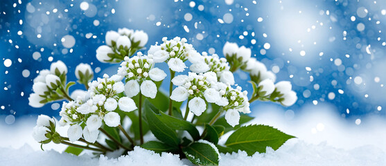 Delicate White Flowers with Green Leaves Covered in Snow against a Blurred Blue Background