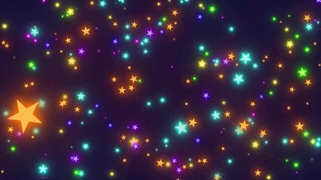 Animated flying colorful neon stars. Tunnel flight through rainbow stars. Abstract background. Cartoon cosmos star field. Seamless loop.