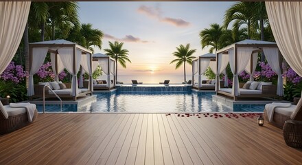 Fototapeta premium Luxury Resort Infinity Pool Deck with Cabanas and Ocean Sunset View