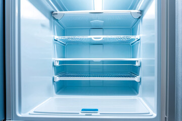 Close-up view from inside an empty refrigerator showcasing its frosty textured interior from a low-angle perspective