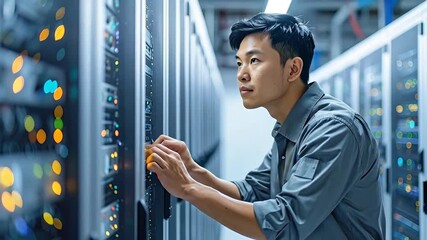 IT technician working in a server room with blinking lights. - Powered by Adobe