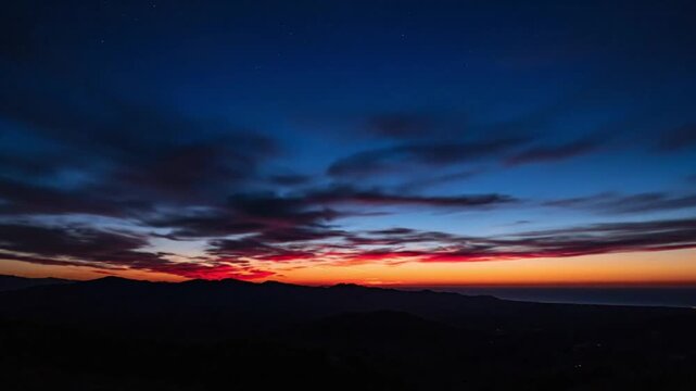 Dramatic sky at sunset captured in fast-forward motion, clouds shifting smoothly, rich saturated colors, cinematic landscape perspective, seamless
