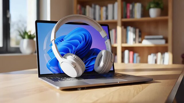 Modern workspace featuring a laptop displaying Windows 11 and stylish headphones showcasing technology productivity remote work and digital lifestyle concepts