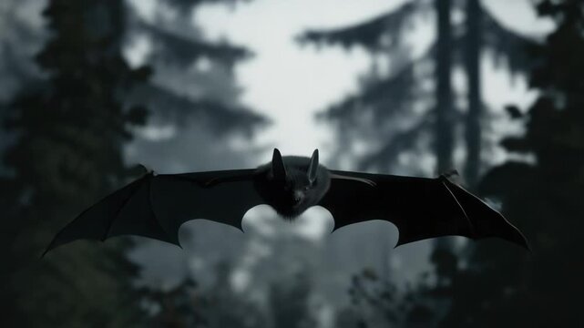 Bat flying through foggy forest at dusk. Halloween wildlife concept.