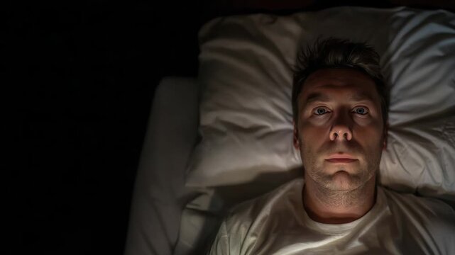 Man lying awake in bed at night. Insomnia and mental health concept.
