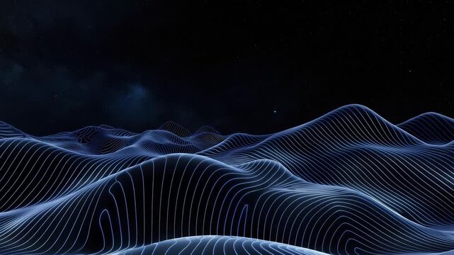 Abstract blue wireframe waves under starry sky. Futuristic technology landscape concept.