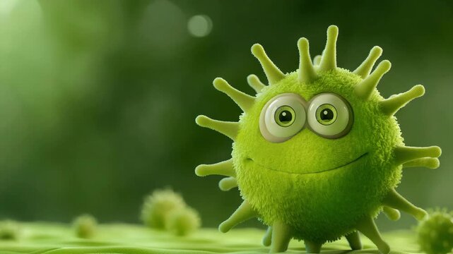 Funny green germ monster character on blurred background. Health and hygiene concept.