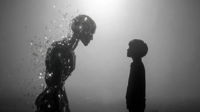 AI ethics debate concept with robot and human silhouettes facing off