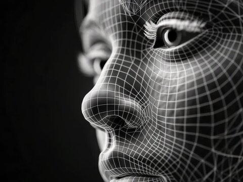 Wireframe human face close up in monochrome. Artificial intelligence and biometrics concept.