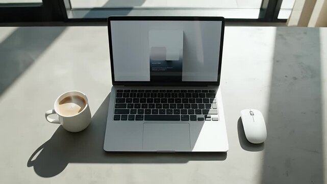 Modern workspace setup featuring a laptop mouse and coffee cup on a concrete surface conveying productivity remote work and a minimalist aesthetic