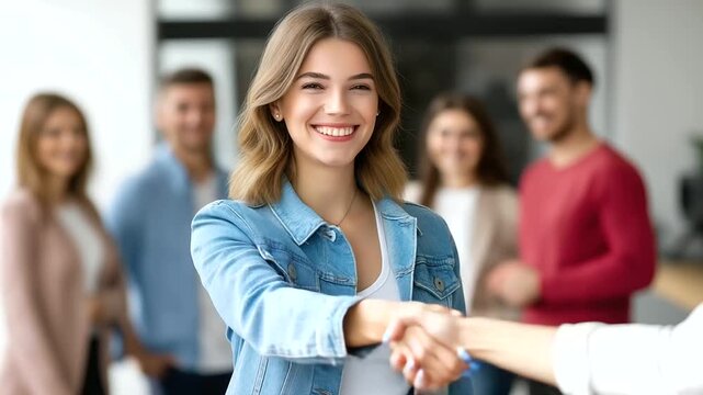Team leader welcomes new employee, friendly handshake and introduction, modern office entrance, diverse group smiling, authentic onboarding moment, clean composition, brand-free, copy space