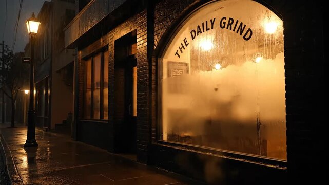 Rainy night on city street with shop windows glowing warmly