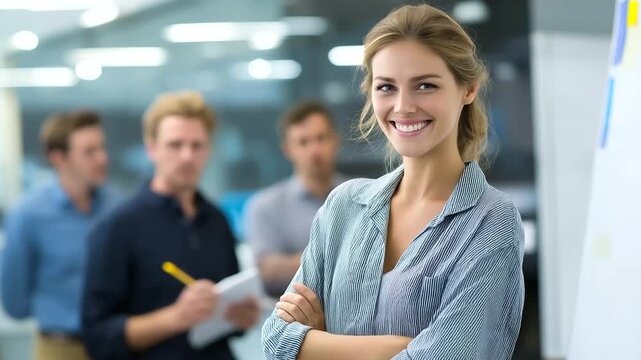 Team members practice a pitch, one speaks confidently while others time and take notes, modern office setting, supportive smiles, bright light, documentary style, wide frame, no logos, copy space