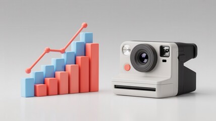 A white instant camera sits next to a 3D bar graph with red and blue bars and a rising orange line on a plain gray background