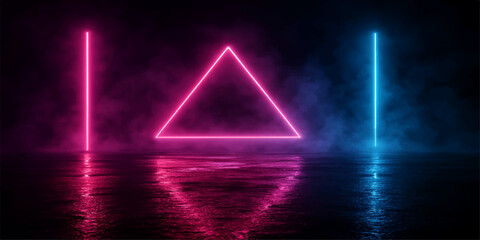 Abstract colorful 3D pyramid with light rays and rainbow prism design