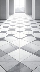 A long hallway with a patterned floor, leading to a window with a view.