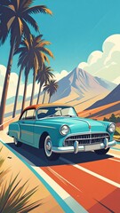 A vintage turquoise car cruises down a desert highway under a bright blue sky with palm trees.