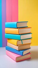 A stack of colorful books with different colored covers, arranged on a white surface with a vibrant background.