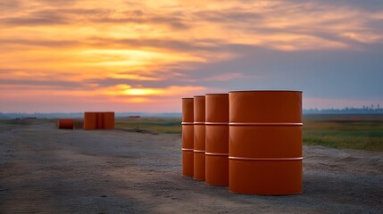 Obraz premium Orange storage barrels lined up on gravel ground against a dramatic sunset sky