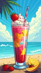 A refreshing strawberry smoothie with whipped cream, fruit, and a straw on a sunny beach.