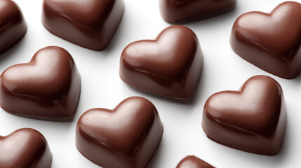 Fototapeta premium Heart-shaped chocolate candies on a clean white background, sweet Valentines Day treat