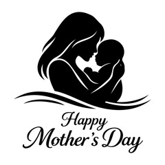 Elegant black silhouette of a mother tenderly holding her baby with Happy Mother's Day text.