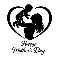 Happy Mother's Day silhouette illustration of a mother holding her baby inside a heart shape