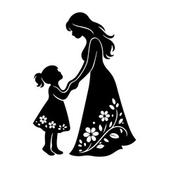 Black and white silhouette of mother and young daughter holding hands with floral dress details